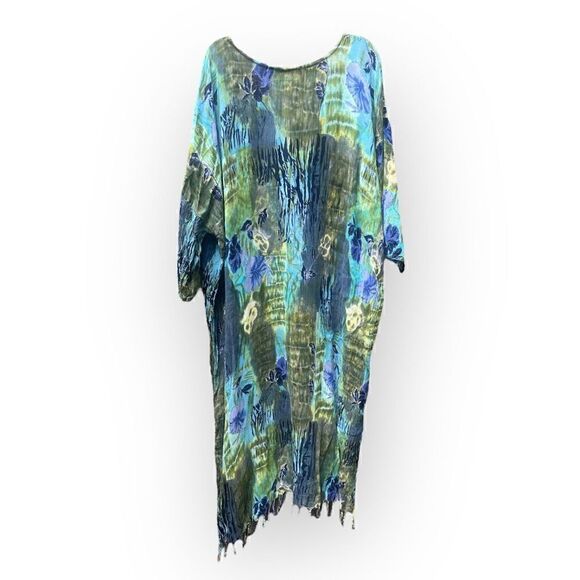 NEFERTITI COLLECTION BLUE GREEN TIE DYE FRINGED KAFTAN LOOSE FLOWY SEMI SHEER MA - Picture 2 of 6